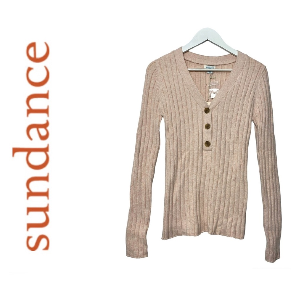 SUNDANCE Women’s Long sleeve Knit V Neck Henley Sweater Medium Heather Pink